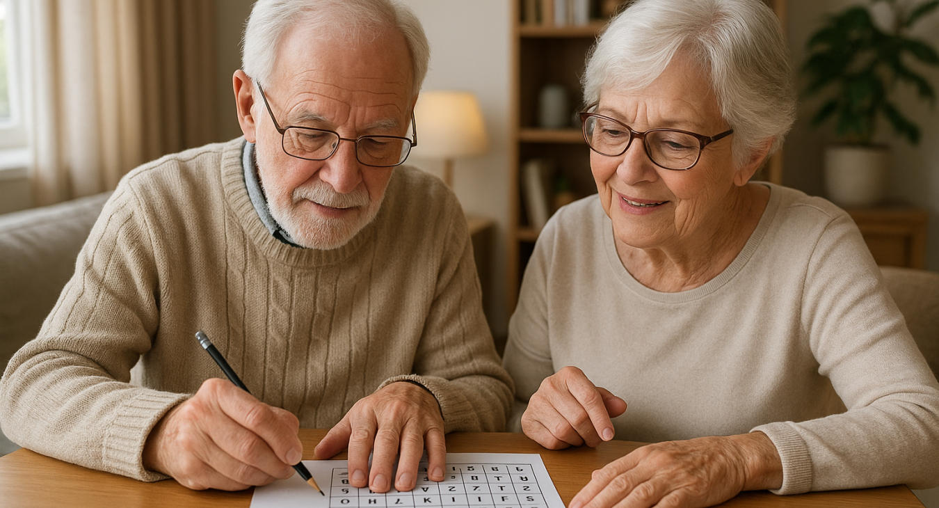 An active elderly man and woman in a well-lit living room engage jointly in a cognitive activity, symbolizing their efforts to preserve mental clarity and independence as they age.