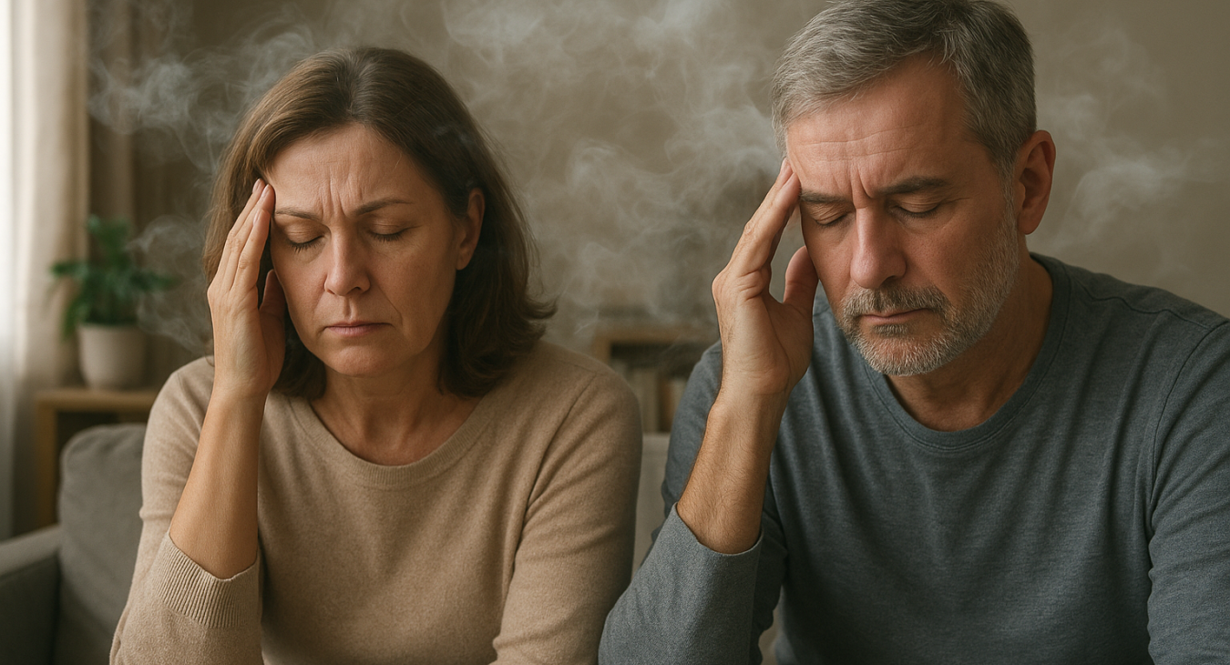 Middle-aged man and woman with quiet mental fatigue in a softly lit living space, as wispy traces of memory fog drift around them.