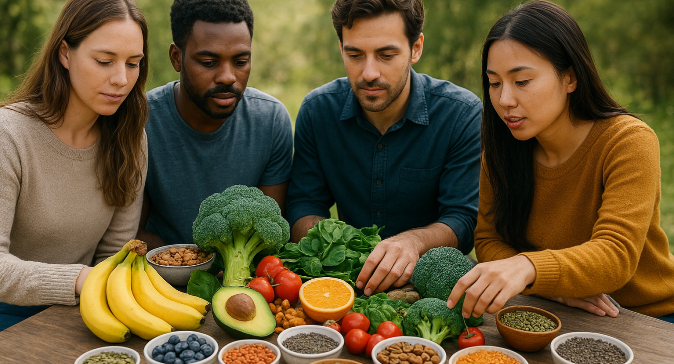 Diverse men and women gather around a vibrant display of superfoods and nutrients, symbolizing the nourishment needed to fuel complex cognitive functions and achieve peak mental performance.