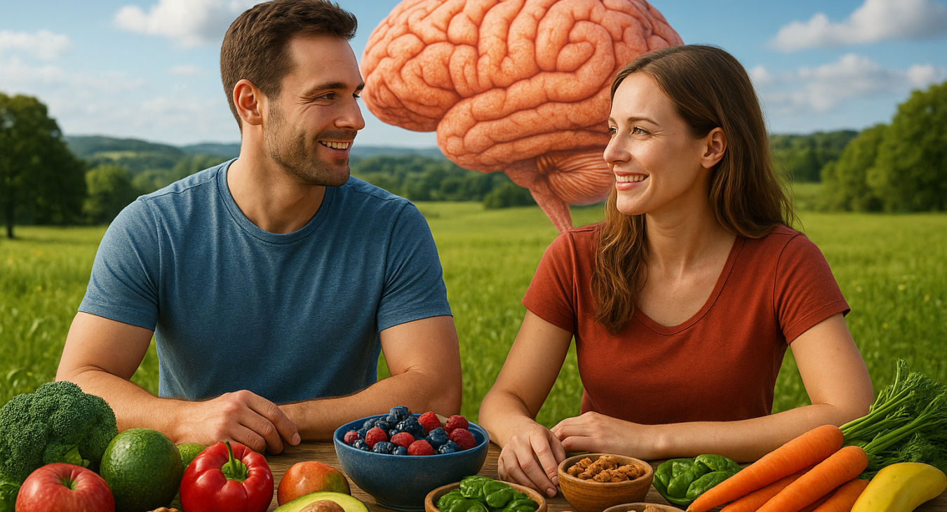A photorealistic landscape depicting a man and a woman in an optimized setting with vibrant, nutrient-dense foods, illustrating the connection between nutritious eating and optimal cognitive function and brain health.