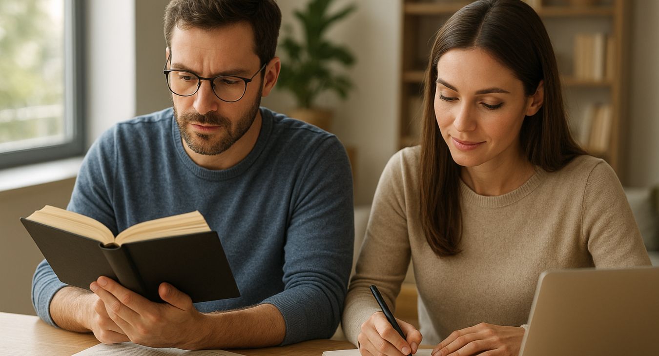 Focused man and woman reading or learning together in a sunlit, modern environment, promoting cognitive agility.