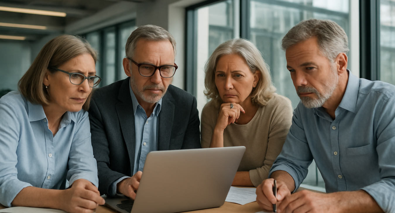 Middle-aged and older men and women collaborating intently in a modern office, representing sustained cognitive performance and career productivity.