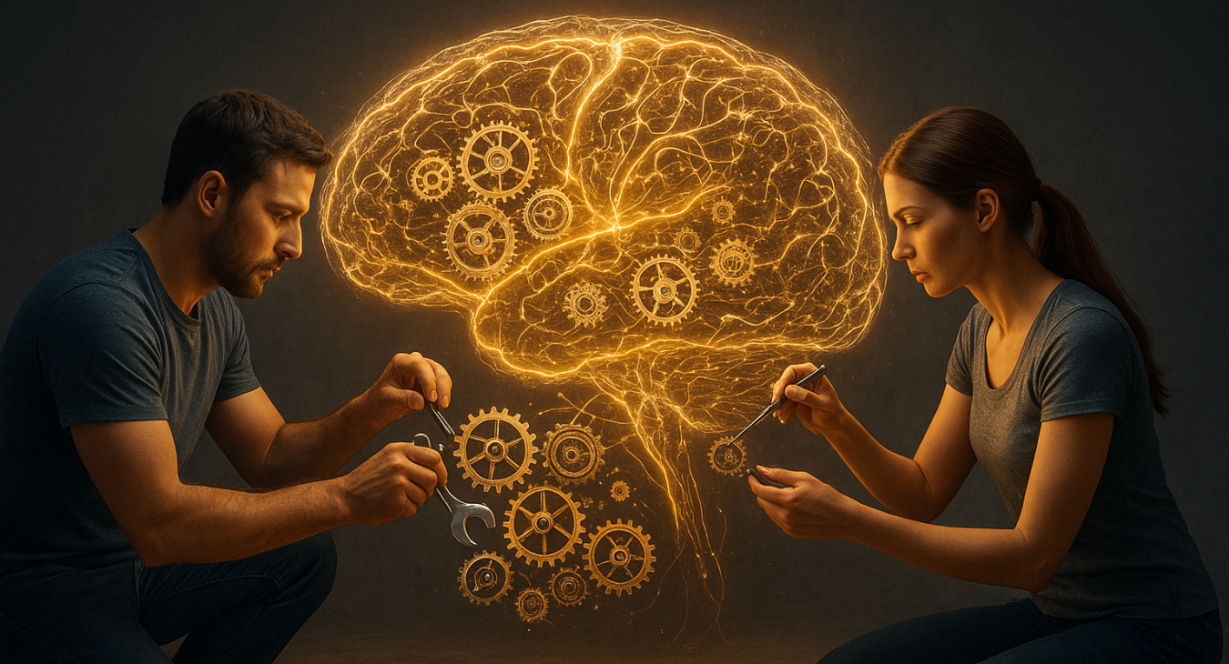 A photorealistic wide landscape of a man and woman collaboratively maintaining glowing, intricately complex cerebral mechanisms that power their minds, symbolizing the essential biological maintenance for peak human function.