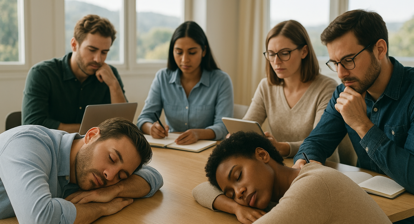 A photorealistic landscape showing a diverse group of men and women, some sleeping deeply and others engaged in focused cognitive work.