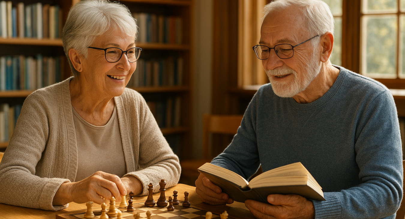 Active senior couple sitting in a sunlit library, conversing while one browses a book near a chessboard.