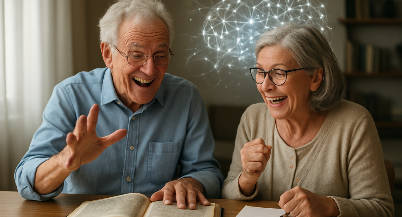 Photorealistic landscape shot of a man and woman in their sixties enthusiastically engaging with complex new knowledge, symbolizing the brain's capacity for continuous learning and neural connection.