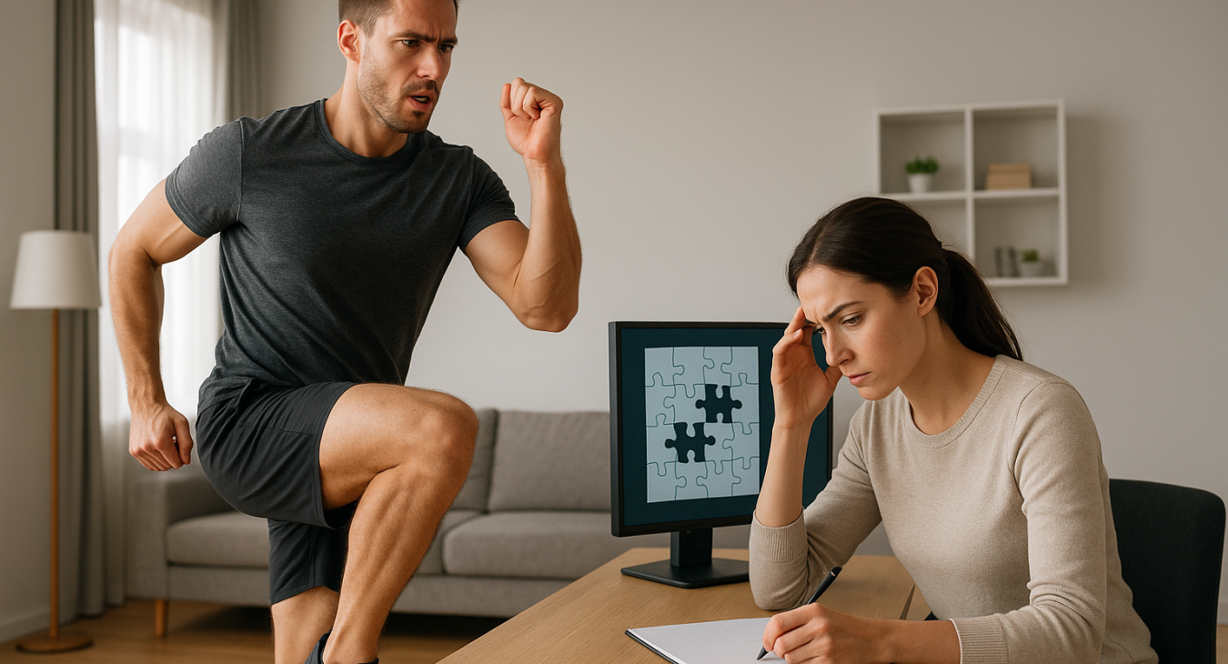 Man doing aerobic exercise and woman solving cognitive challenge on screen in minimalist modern apartment.