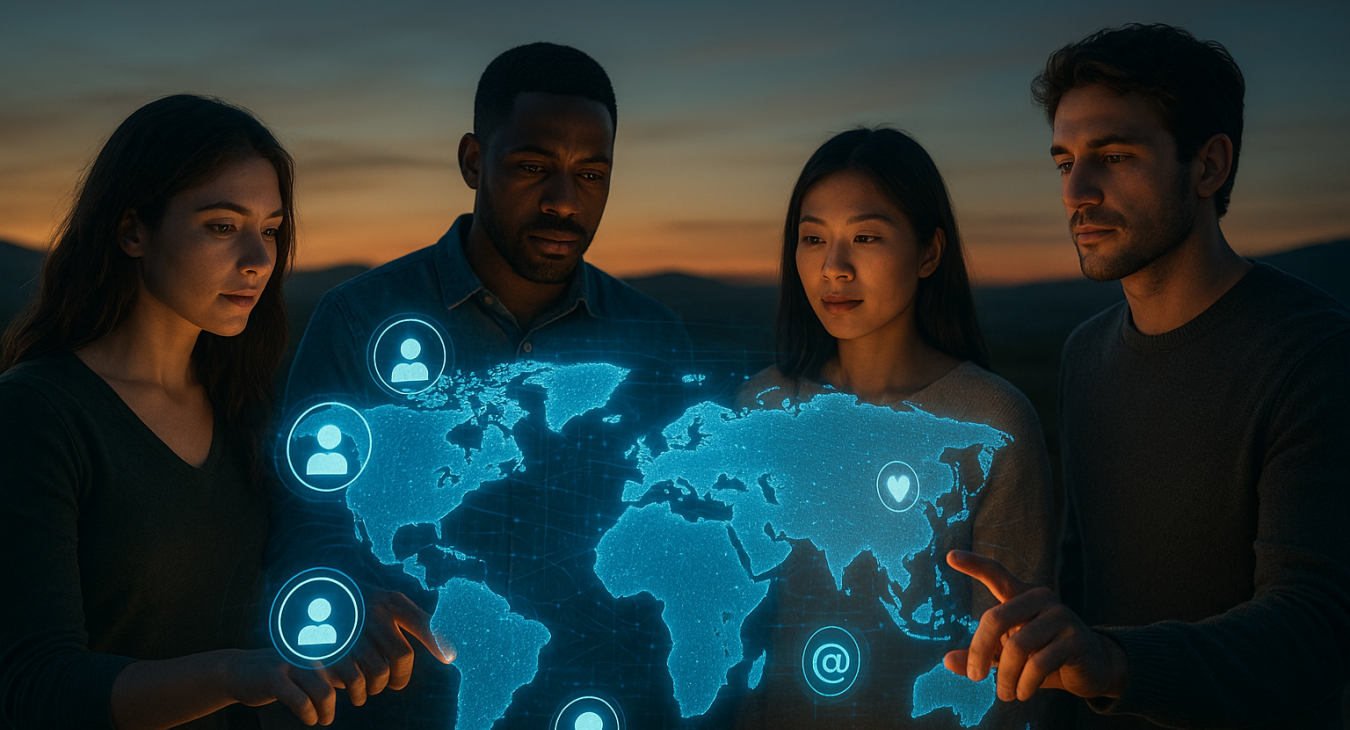 Diverse people collaboratively interact with glowing digital projections in a sleek landscape, symbolizing global connectivity via social media and technology.
