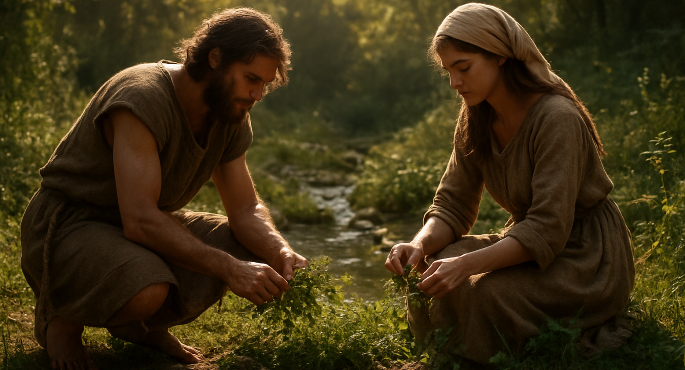 Photorealistic ancient landscape: a man and woman in rustic clothing gather medicinal herbs beside a natural spring, bathed in dappled sunlight, symbolizing humanity's foundations.