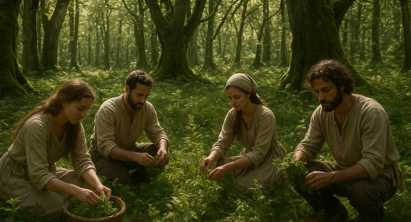 People gathering medicinal herbs in an ancient, sun-dappled forest, representing nature's primordial healing.