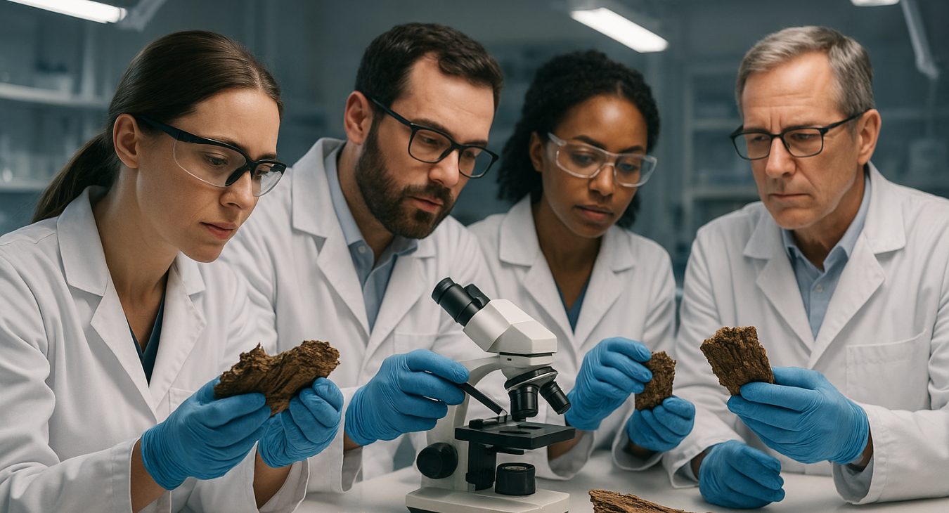 A diverse group of male and female scientists in a lab examine medicinal tree bark under sophisticated lighting, symbolizing the transformation from raw nature to medicine.