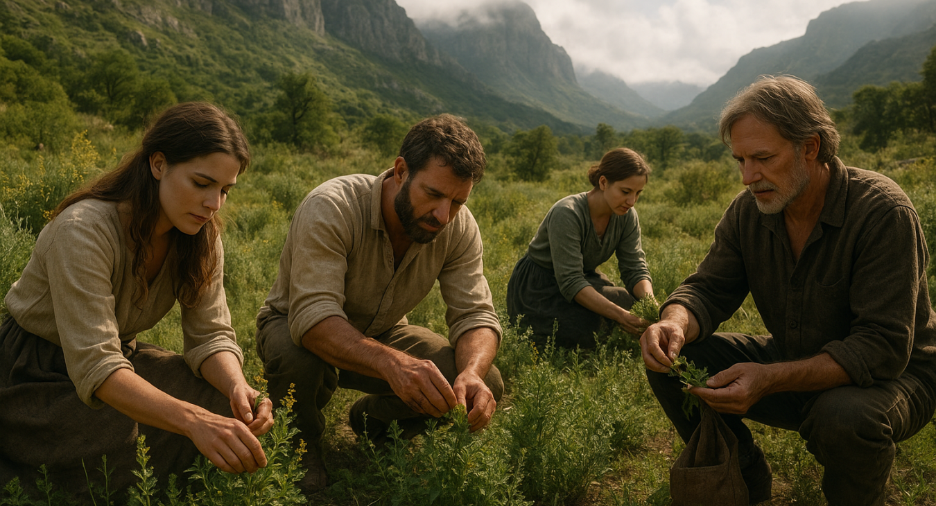 Photorealistic landscape of rugged terrain with men and women gathering medicinal herbs, illustrating nature as humanity's ancient pharmacy.