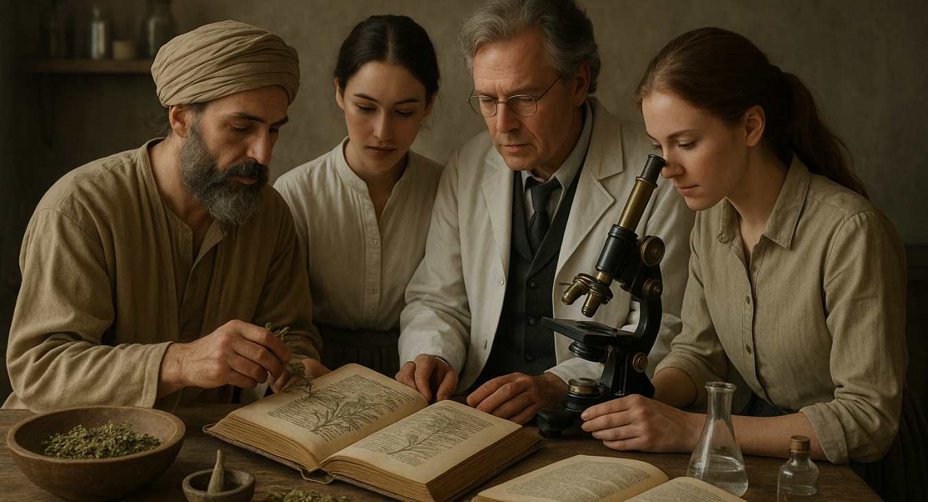 Traditional herbalists and early scientists, men and women, examining ancient botanical texts with advanced instruments in a photorealistic landscape.