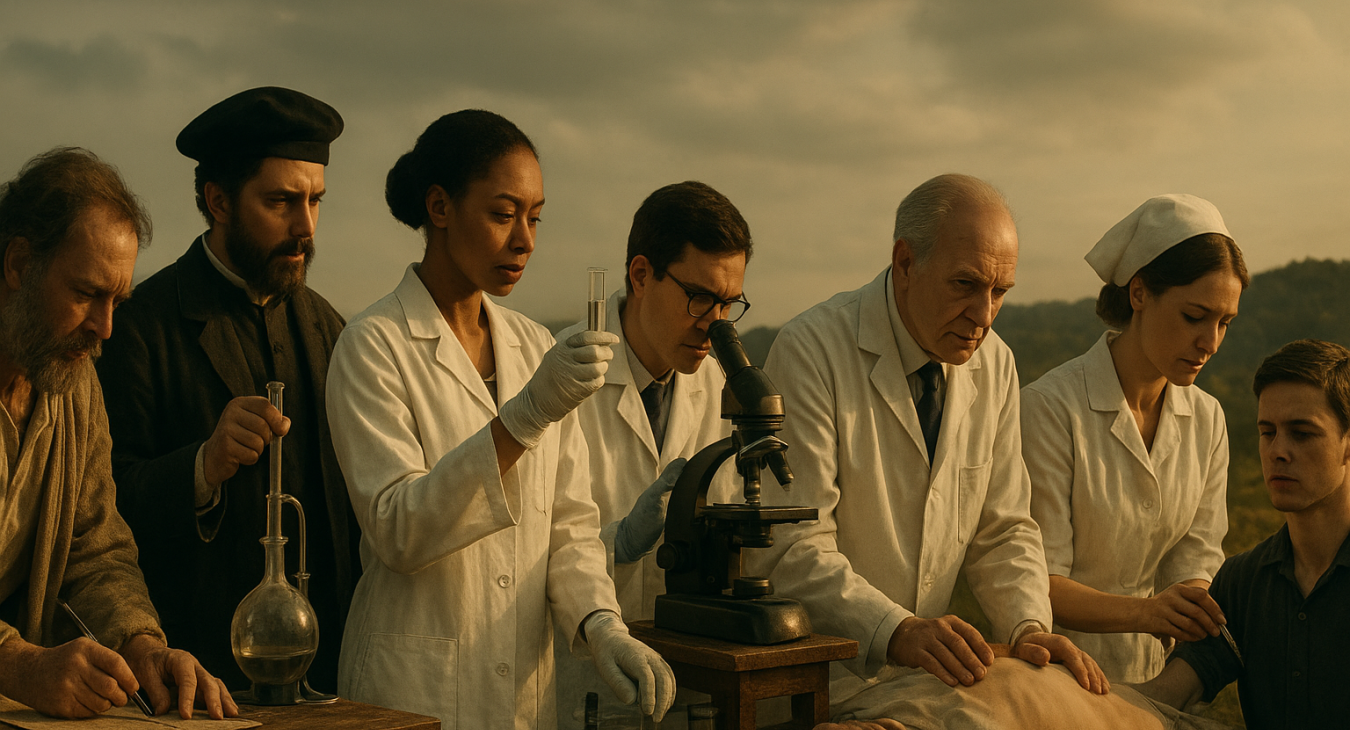 A cinematic photograph depicting multiple generations of diverse scientists, both men and women, working across a timeline of major historical medical breakthroughs to symbolize the continuity of medical progress.