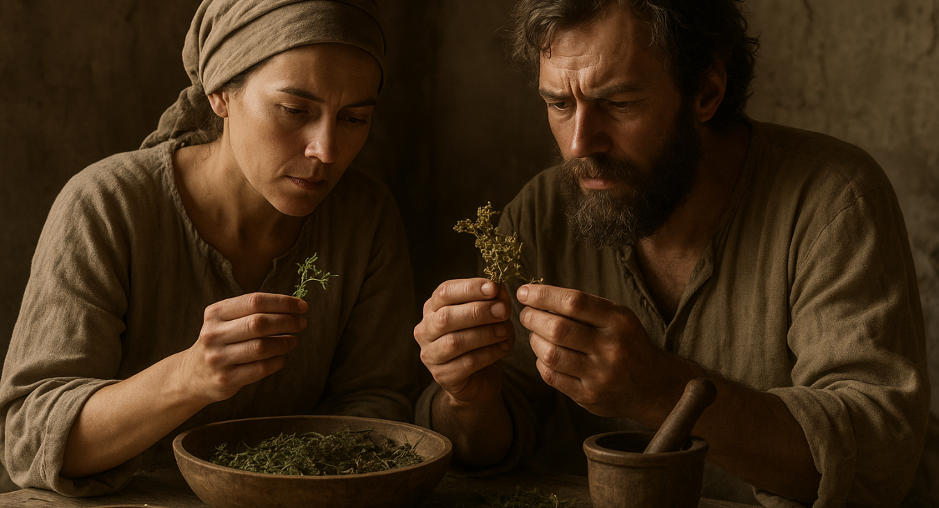 Two early medical practitioners, a woman and a man, examining herbs in an ancient setting, illustrating primitive medical foundations.