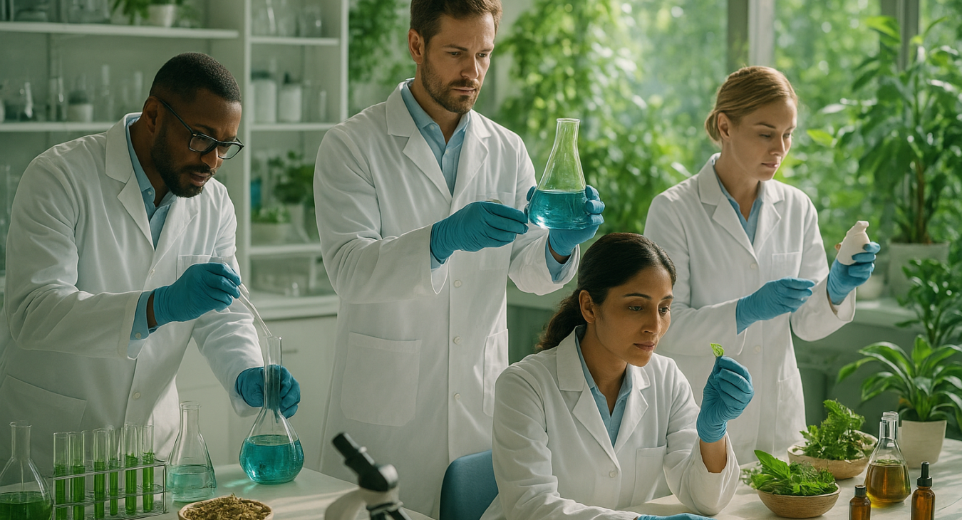 A hyper-realistic, cinematic scene of a modern clinical laboratory with diverse male and female medical professionals collaborating to bridge advanced chemical compounds and high-tech medicine with traditional practices.