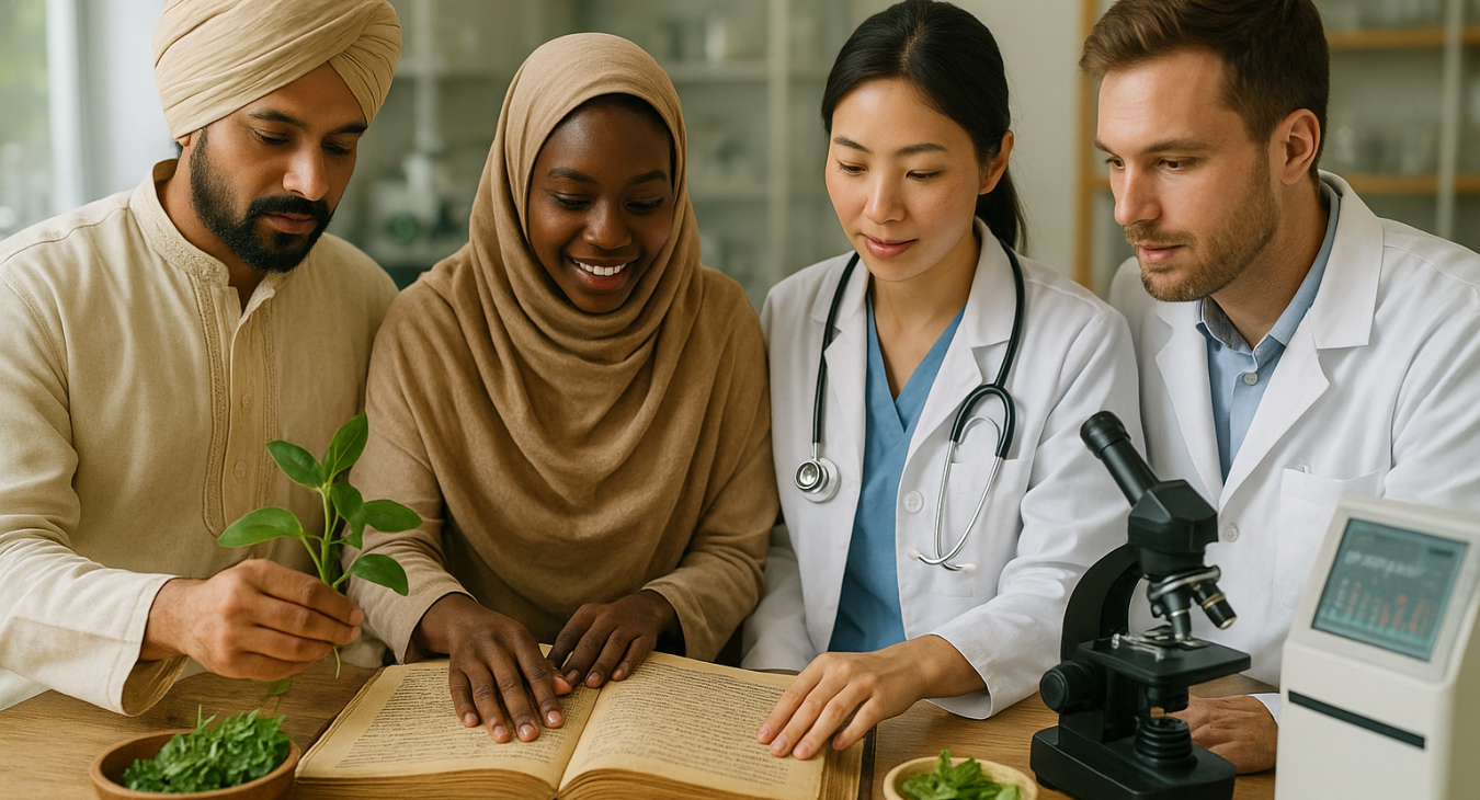 A photorealistic landscape showing a diverse team of men and women wearing traditional attire and modern medical garments, collaboratively studying ancient remedies like medicinal plants and historical texts, alongside advanced medical technology.