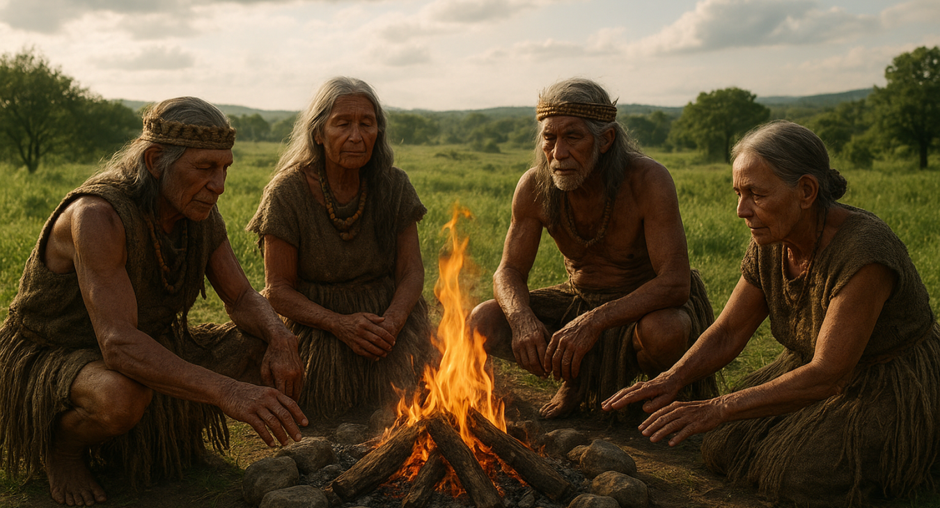 Photorealistic wide landscape shot of tribal elders, both men and women, performing an ancient ceremony near a sacred hearth in a fertile terrestrial setting, symbolizing millennia-old health traditions rooted in fire and earth.