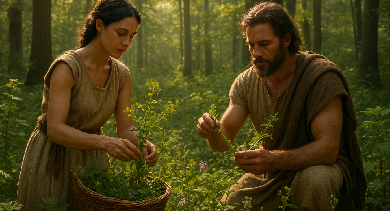 Ancient healers, a woman and a man, gathering medicinal plants in a sun-dappled forest. Photorealistic illustration symbolizing the deep historical connection between medicine and the natural world.