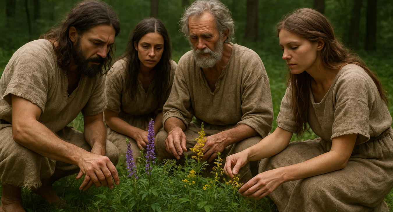 Ancient healers in rough linen gather around vibrant medicinal plants in a lush forest clearing, symbolizing the discovery of healing in nature.