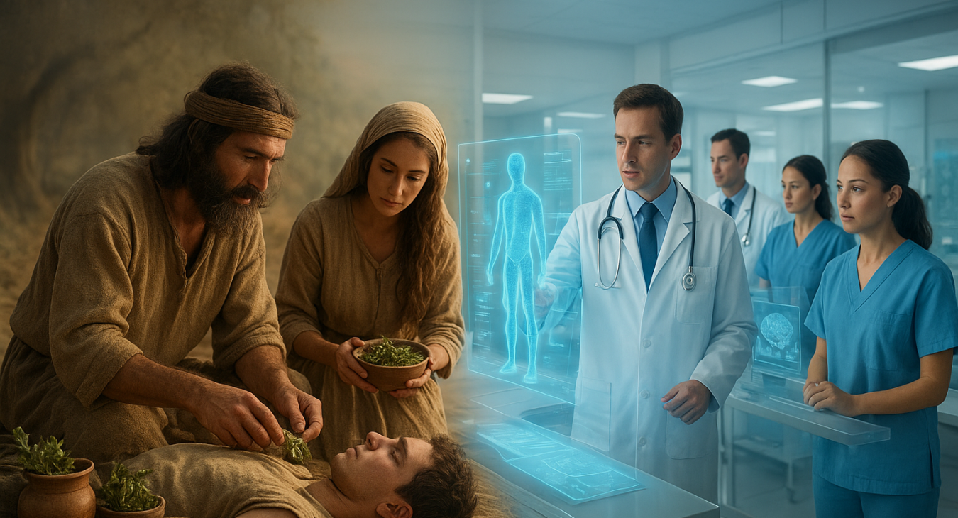 Panoramic photorealistic landscape showing the evolution of medicine: foreground with ancient healers using herbal remedies, background with a modern medical team.