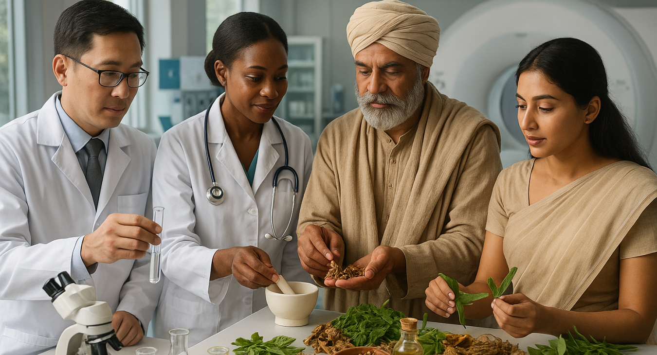 Photorealistic landscape of modern scientists and traditional healers collaborating in a setting where advanced medical technology seamlessly blends with ancient healing elements.
