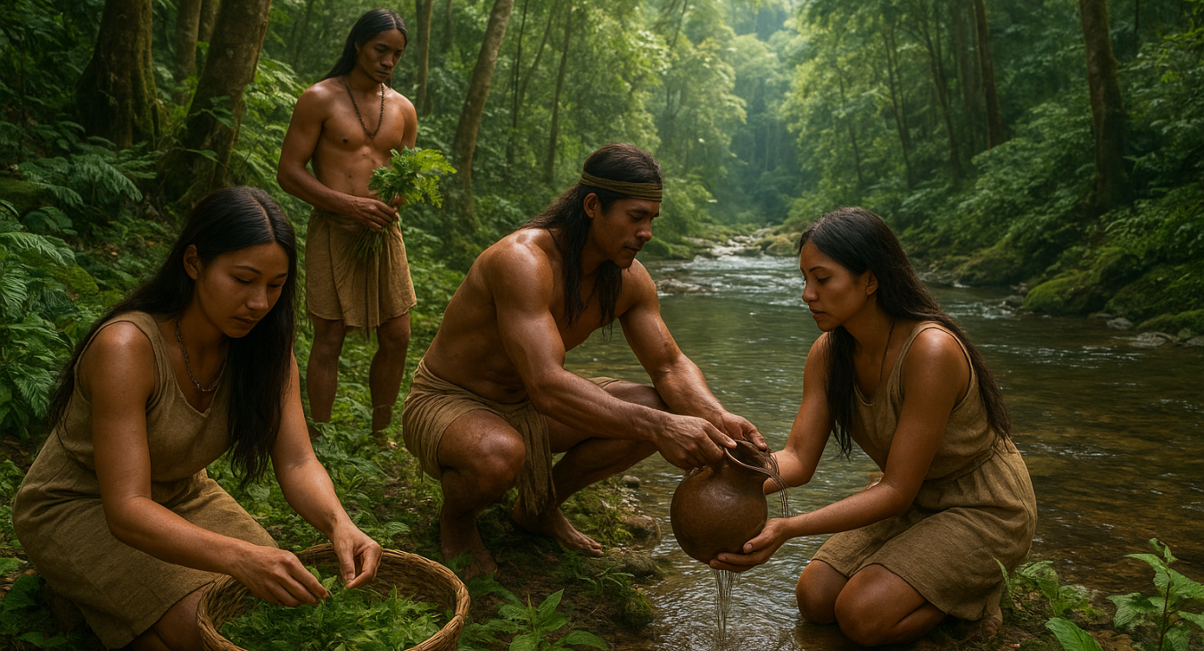 Tribal men and women gathering medicinal herbs and sharing water from a pristine river in a lush primordial forest, symbolizing the ancestral link between nature and human health.