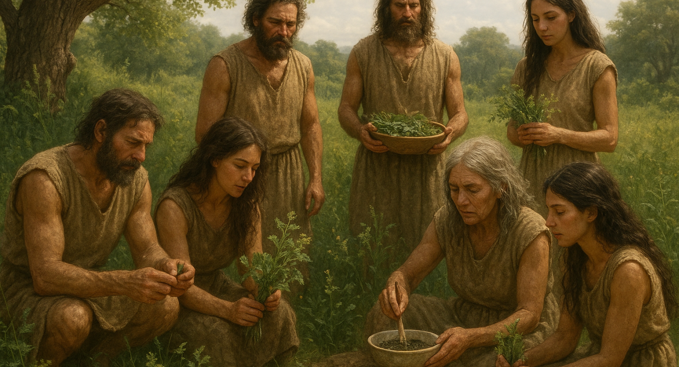 Ancient men and women in a lush natural setting using native plants and earth for healing.