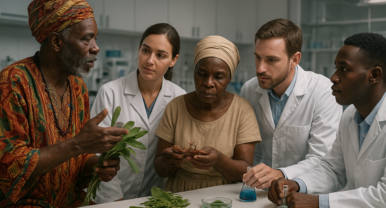 Hyperrealistic landscape scene of traditional healers and herbalists consulting alongside modern scientists in a medical lab, symbolizing the fusion of ancient knowledge and cutting-edge health innovation.