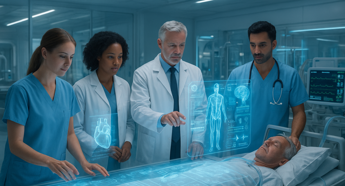 Diverse medical specialists in scrubs and lab coats collaborate in a futuristic treatment facility using holographic interfaces.