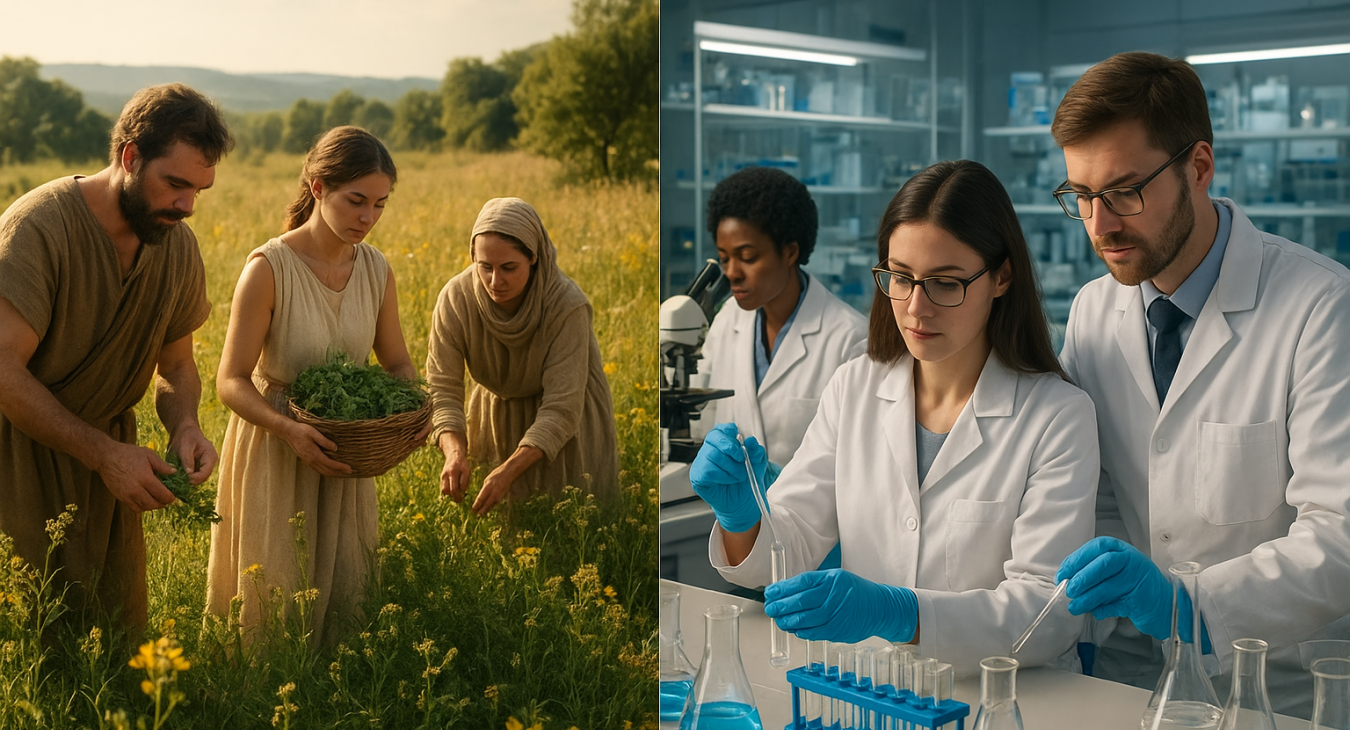 A photorealistic scene showing the continuity of medicine with men and women collaboratively gathering ancient medicinal herbs in a sun-drenched field while others operate cutting-edge laboratory equipment.