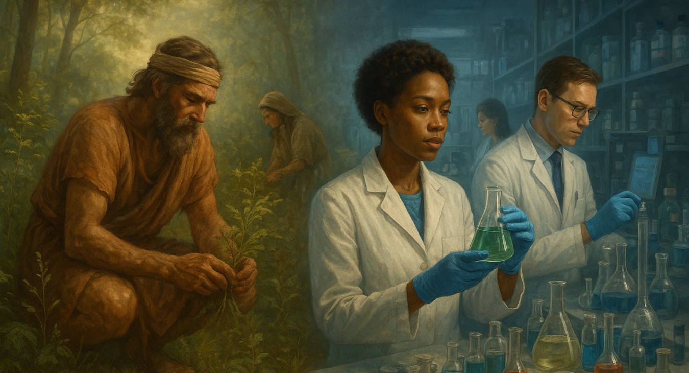 Cinematic tableau depicting the journey of pain management, where an ancient figure gathering medicinal herbs in nature seamlessly transitions into a modern pharmaceutical laboratory with men and women working among advanced compounds.