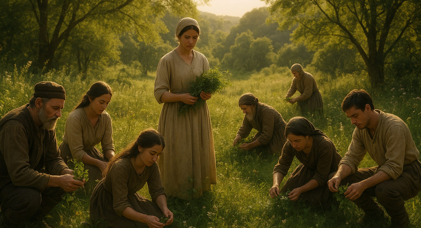 Historical scene of men and women gathering medicinal plants in a lush, sun-dappled landscape, illustrating humanity's centuries-long reliance on nature for healing.