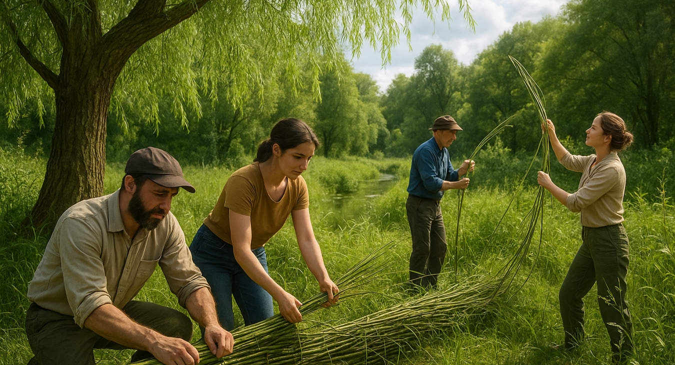 Photorealistic landscape of men and women working together in a lush natural environment, utilizing the remarkable strength and solutions provided by willow trees over centuries.