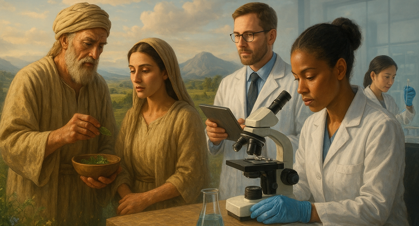 A photorealistic landscape depicting ancient healers sharing medicinal wisdom alongside modern medical researchers using advanced technology, symbolizing the rich history of medicine, with both men and women prominently featured.