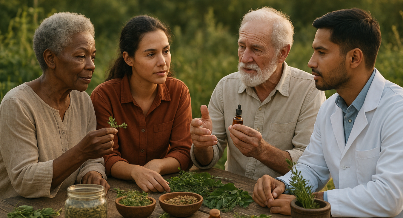 A photorealistic landscape of diverse, multi-generational practitioners sharing ancestral knowledge amid traditional remedies and medicinal plants, symbolizing an enduring foundation.