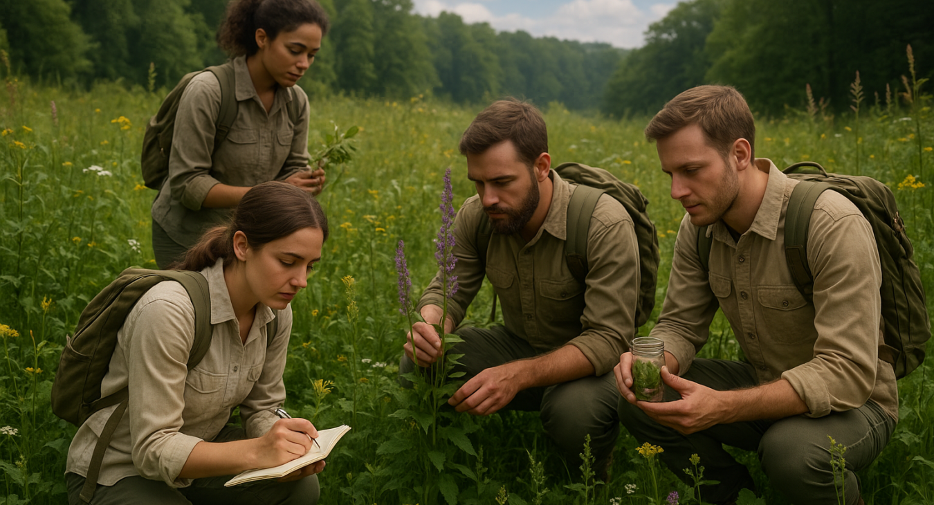 Men and women ethnobotanists studying and gathering medicinal plants in a lush, biodiverse natural habitat.