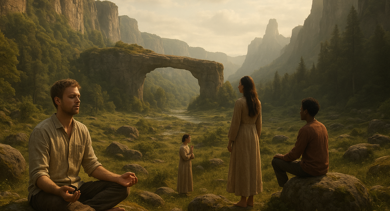 Photorealistic landscape scene of men and women interacting with a vast ancient natural environment, symbolizing humanity's centuries-long search for spiritual healing within nature.