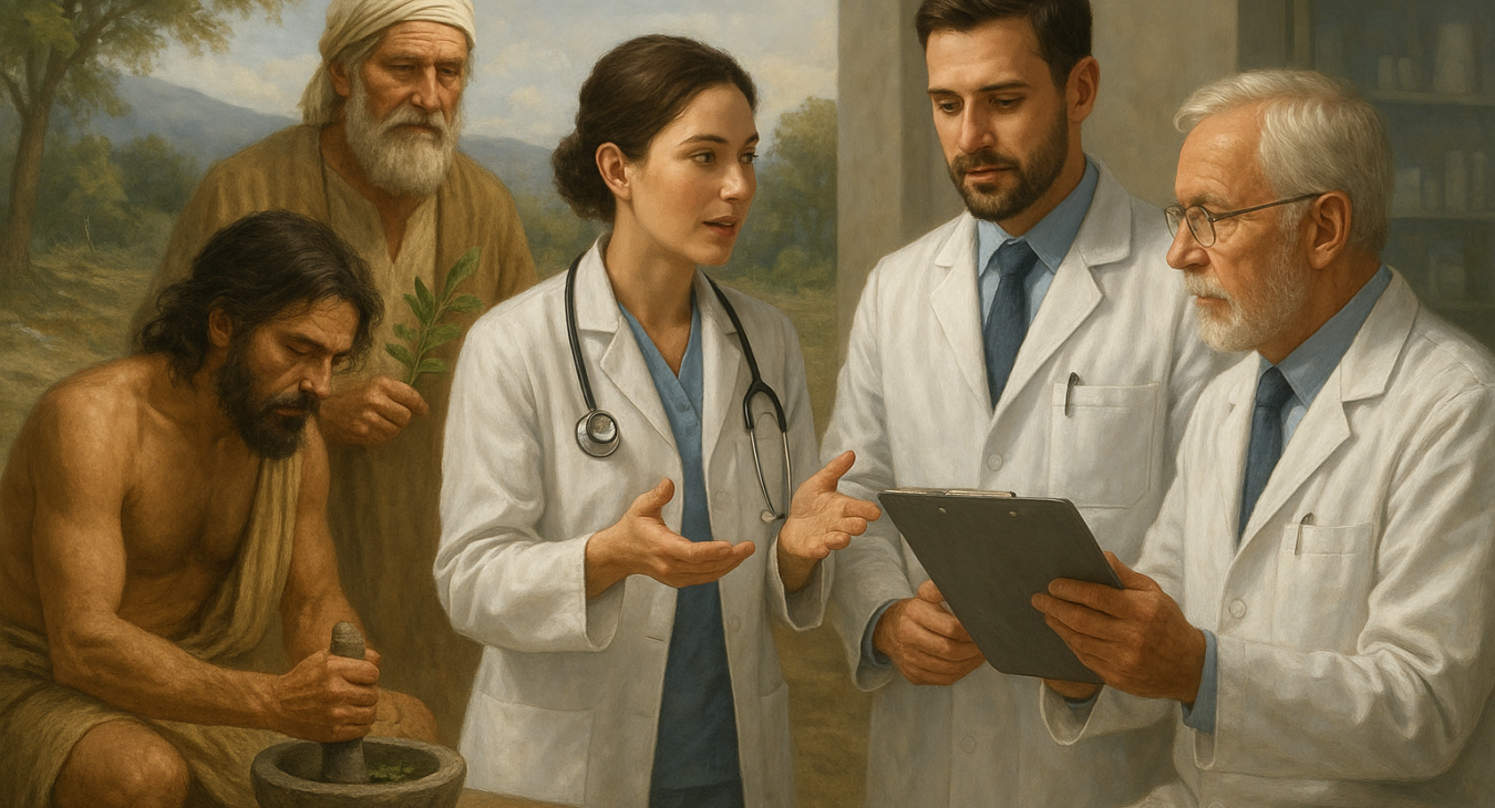 Photorealistic landscape showing ancient healers and modern physicians, male and female, collaborating across time to illustrate the continuum of medicine.