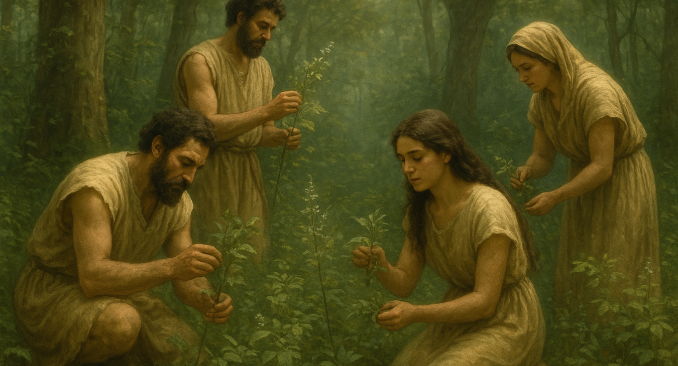 Ancient men and women gathering herbs in a lush forest, symbolizing wisdom at the intersection of nature and medicine.