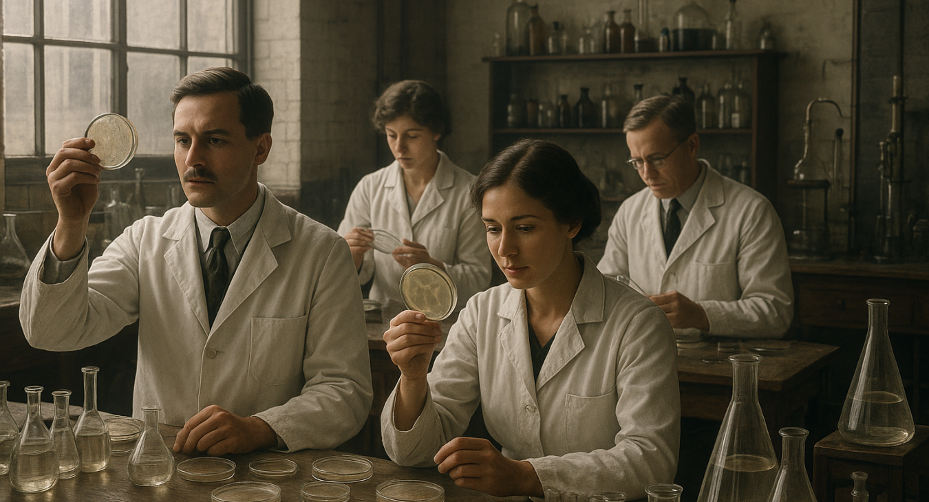 Photorealistic laboratory scene at St. Mary's Hospital, London, in the 1920s, where male and female scientists examine petri dishes and flasks, marking the beginning of the discovery of penicillin.