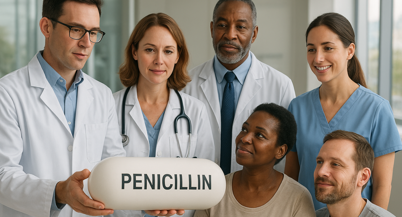 Photorealistic landscape of diverse scientists, doctors, and patients in a modern medical setting, symbolizing the global life-saving impact of penicillin.