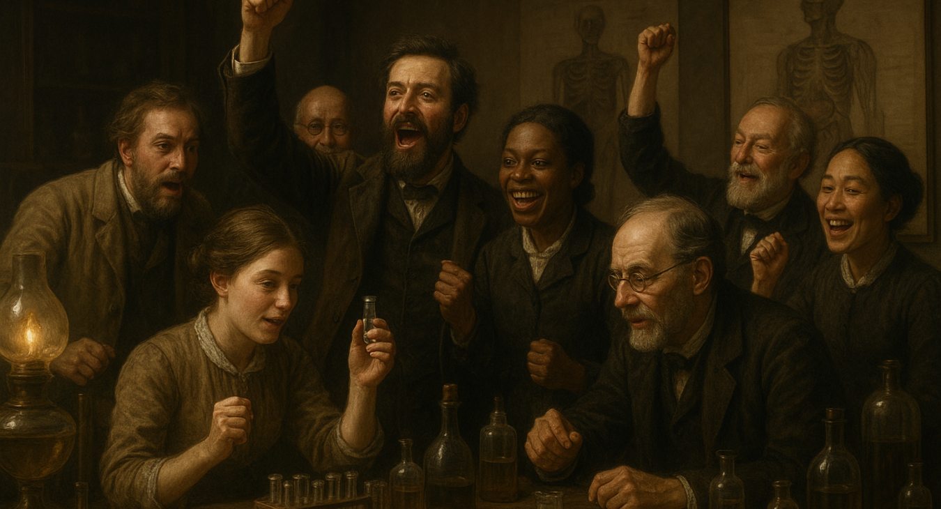 Diverse male and female scientists in a dim 19th-century laboratory examine vials and anatomical charts, a pivotal moment in medical history.