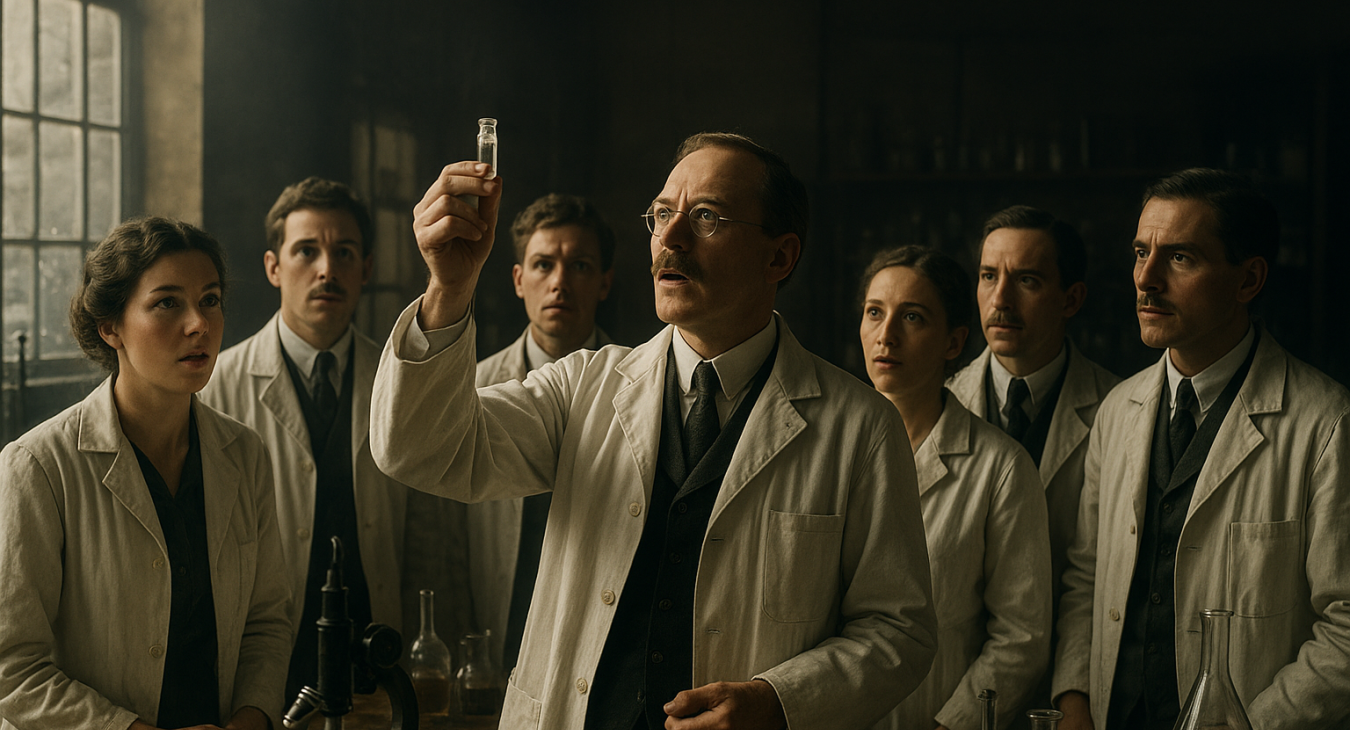 Early 20th-century laboratory with men and women researchers witnessing a momentous penicillin discovery in a vial, symbolizing a profound global medical breakthrough.