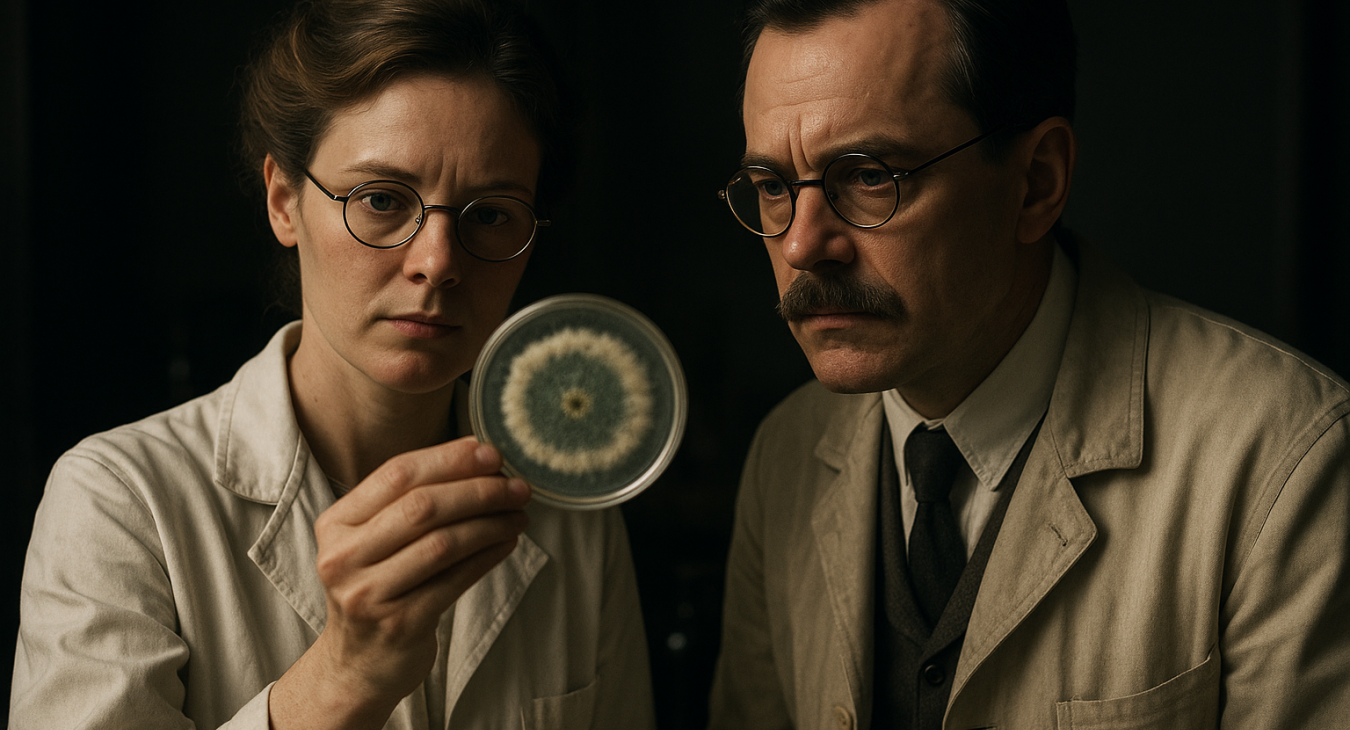 Photorealistic HD image of early 20th-century scientists, a woman and a man, in a dark laboratory observing a petri dish with mold culture, symbolizing the discovery of penicillin.