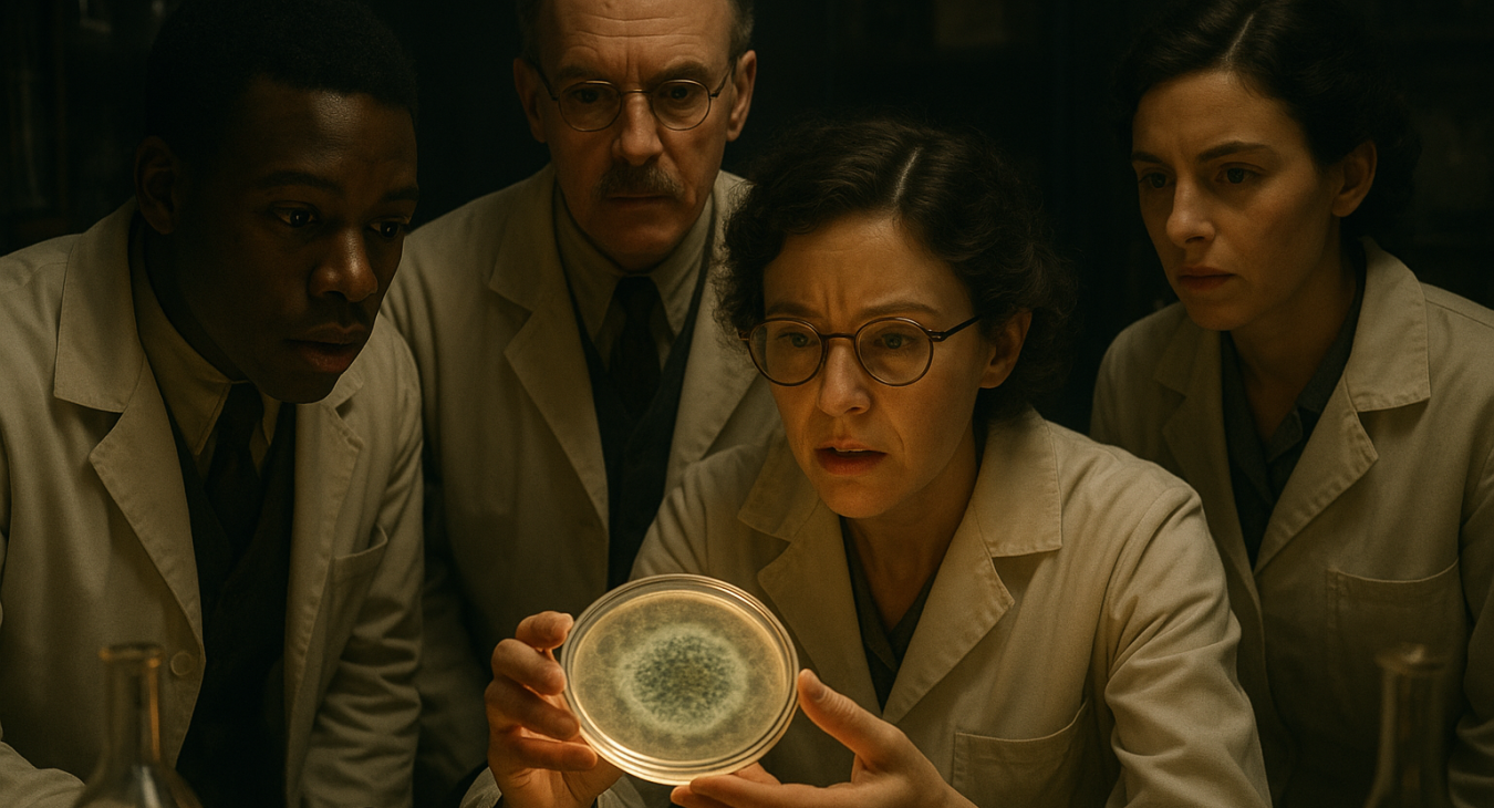 Vintage 1920s laboratory with diverse scientists gathered around a petri dish containing Penicillium mold, illuminated by focused light, observing the accidental pivotal discovery.