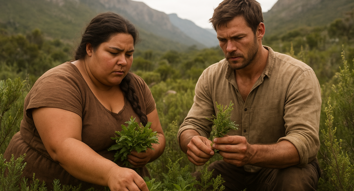 Robust woman and determined man gathering medicinal herbs in an ancient wilderness, symbolizing the discovery of natural health remedies.