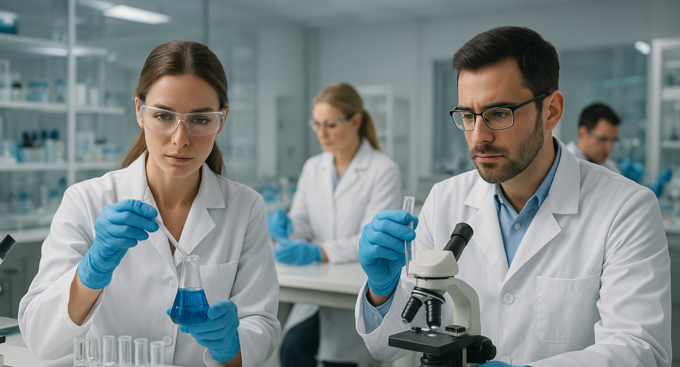 Focused scientists, both men and women, in a sterile, brightly lit modern laboratory, diligently working on research solutions to combat ancient infectious diseases.