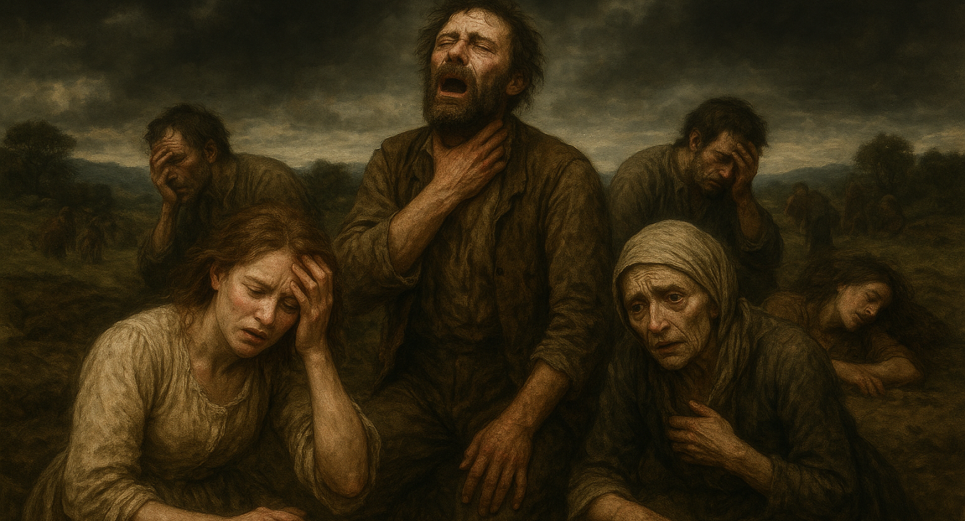 Dramatic historical scene depicting men and women suffering from bacterial infections, symbolizing human vulnerability before modern medical breakthroughs.