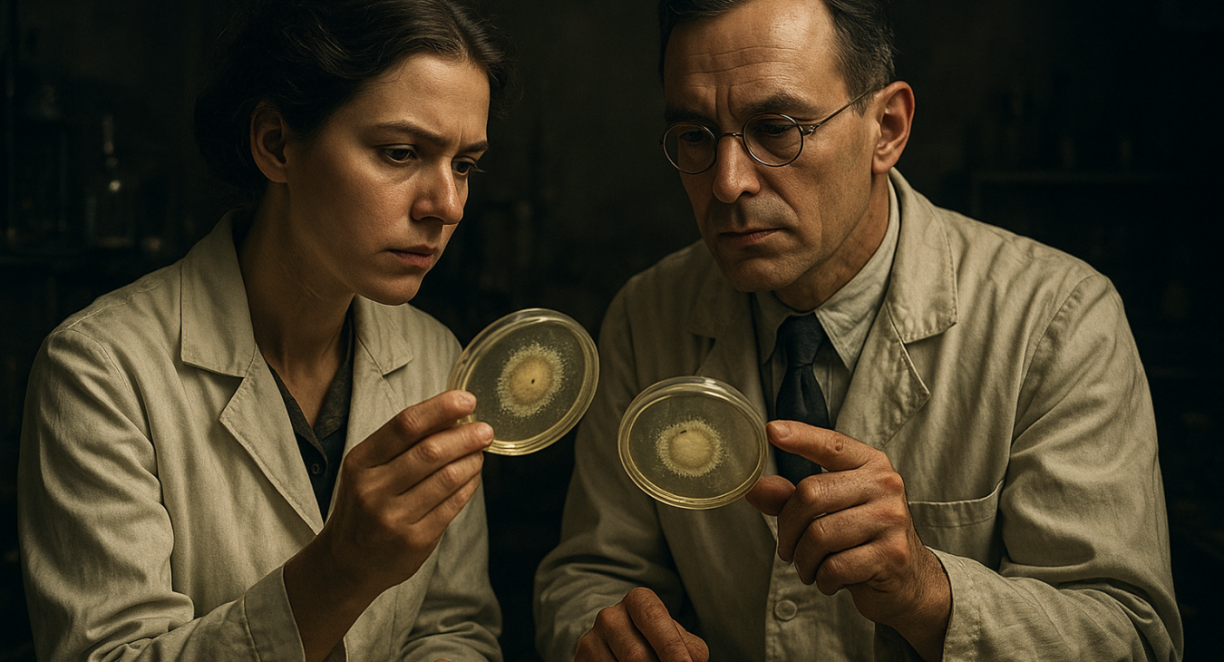 Two early 20th-century medical researchers, a man and a woman in lab coats, examining penicillin cultures in petri dishes in a dimly lit laboratory, symbolizing the dawn of a new medical era.